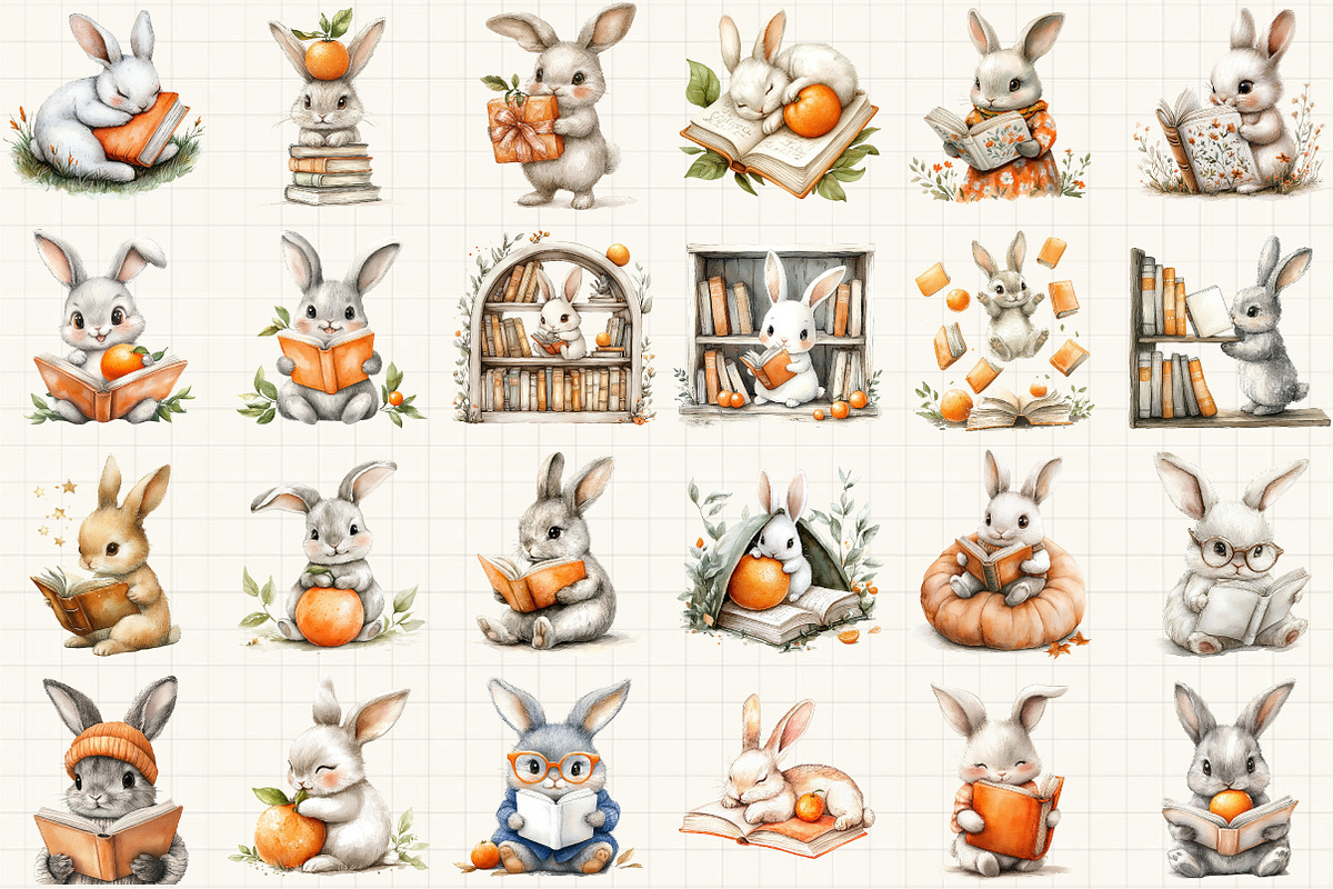 Bunny with Book Clipart PNG Bundle, an Illustration by Libby Wishes (Photo 2 of 5)
