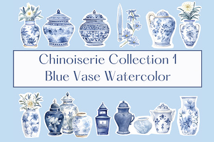 Watercolor chinoiserie vases clipart
