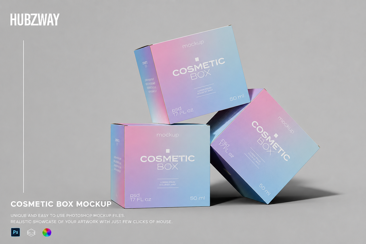 Three Stacked Cosmetic Boxes Mockup, a Packaging Mockup by Hubzway (Photo 1 of 2)