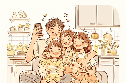 Happy family capturing joyful moments together in the kitchen, an Illustration by AS photostudio