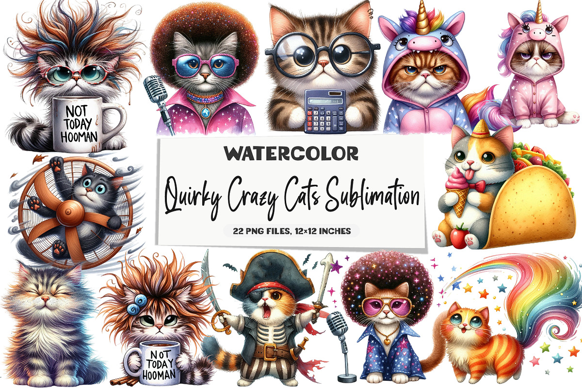 Quirky Crazy Cats Sublimation Clipar, an Illustration by DreamArtGraphic (Photo 1 of 5)
