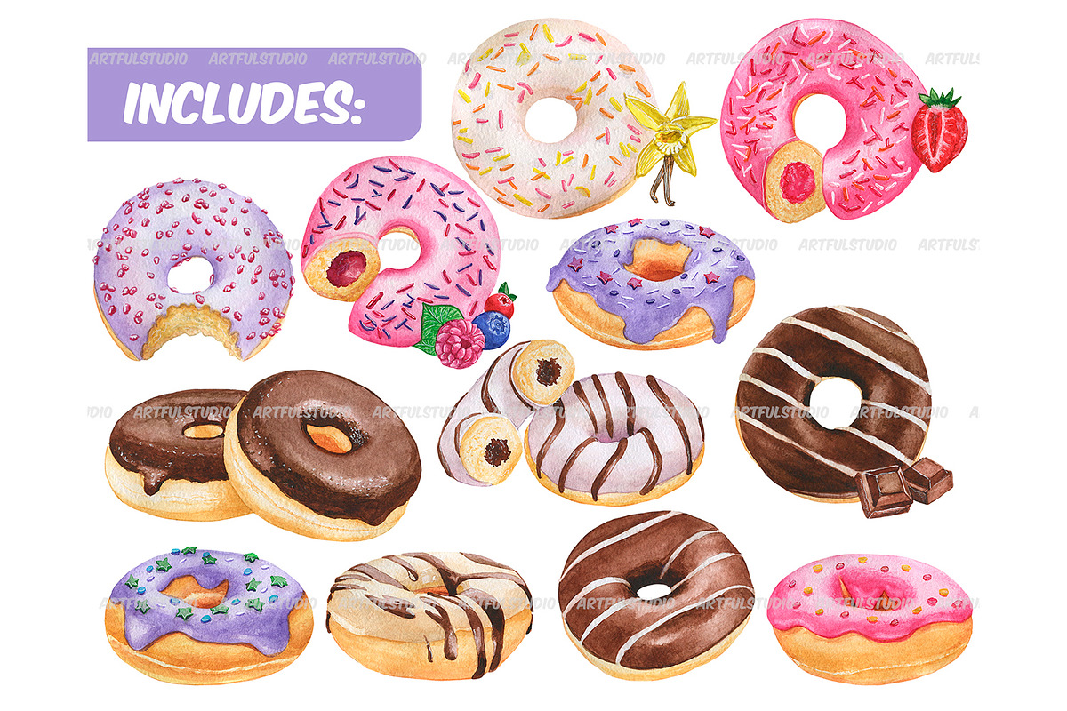 Watercolor donuts clipart, a Food Illustration by ArtfulStudio (Photo 2 of 9)