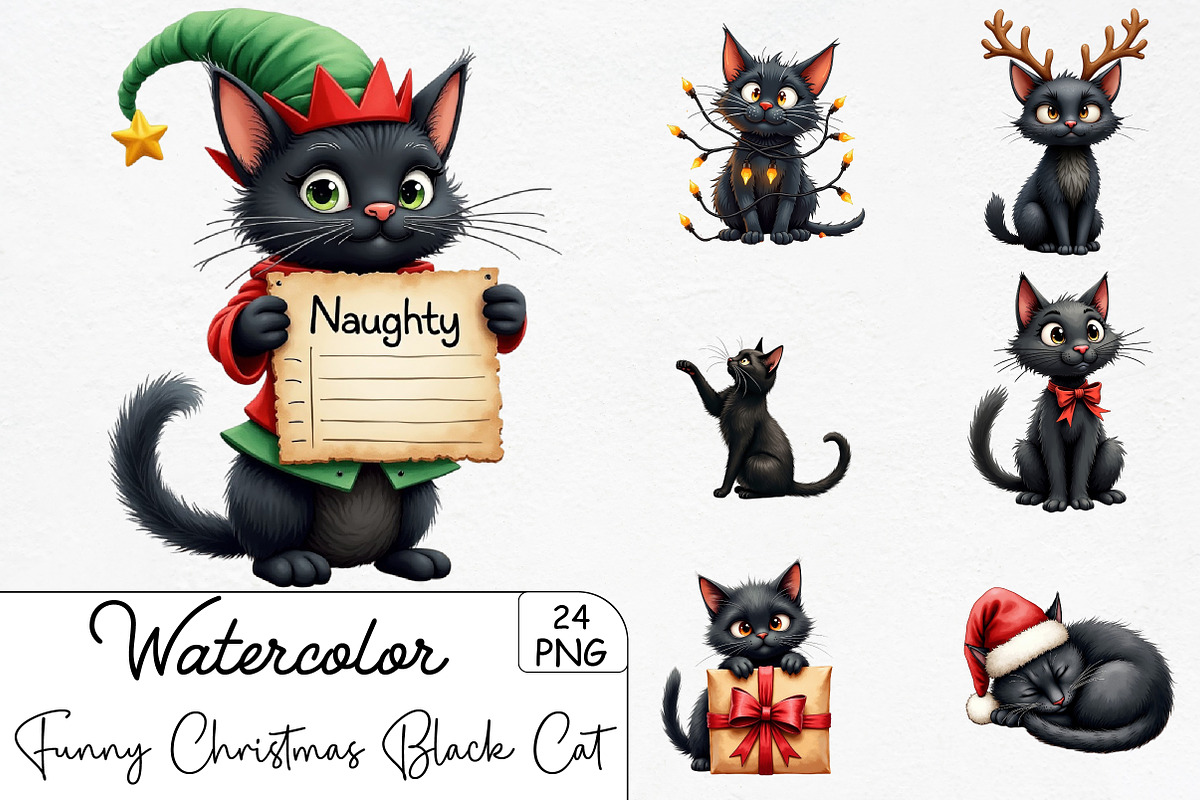 Funny Christmas Black Cat Clipart Bu, an Illustration by CrexoraLab (Photo 1 of 5)