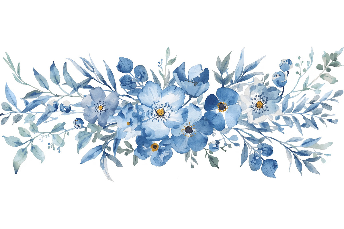Blue Watercolor Floral Set, an Illustration by balal (Photo 4 of 11)