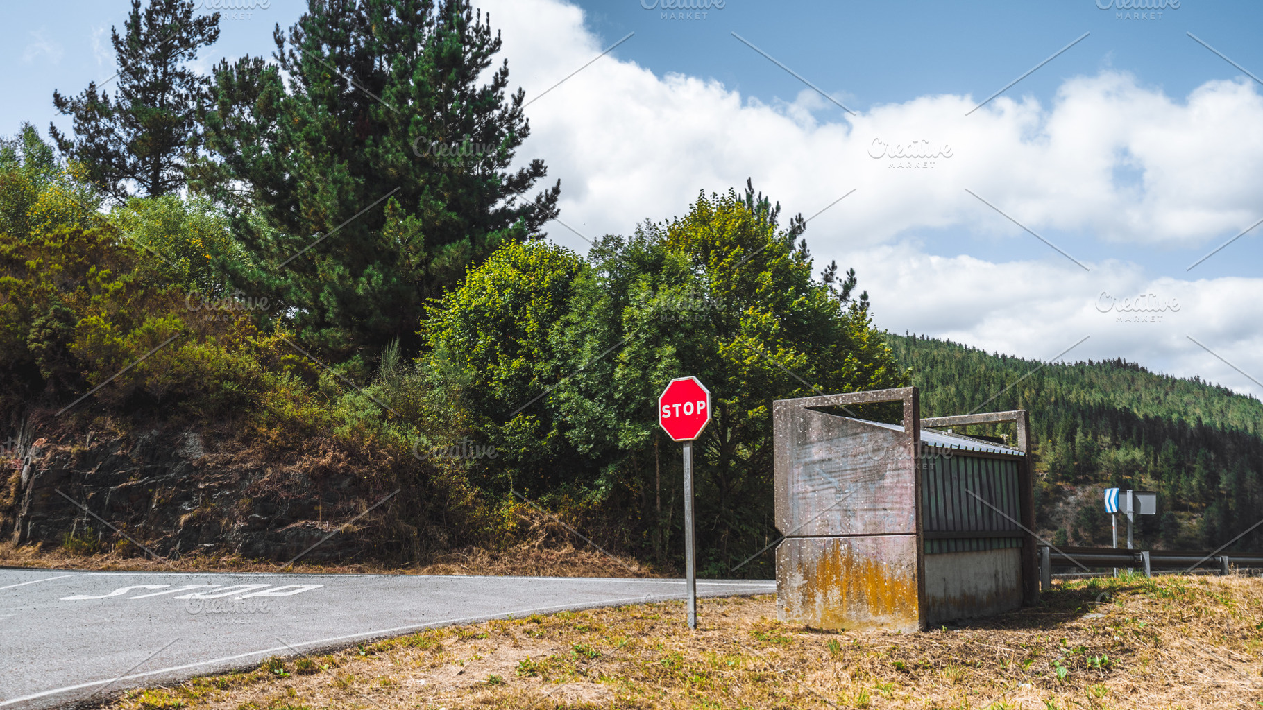 Stop sign by rural road, bus stop, a Transportation Photo by SkyNext