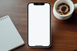 A smartphone iPhone mockup with a blank screen placed on a wooden table next to, an iPhone Mockup by Textures & Backgrounds
