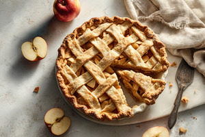 Apple pie on a marble surface, a Photo by Beautiful things