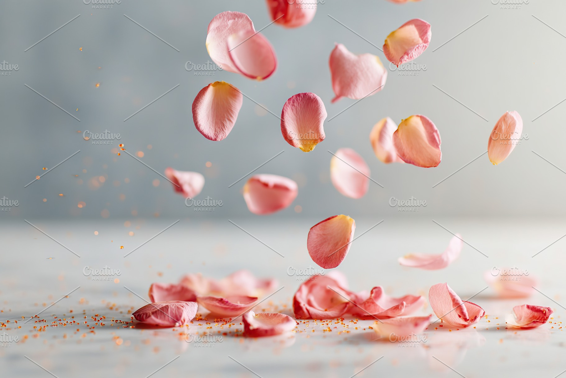 Delicate pink and blush rose petals falling gracefully on a smooth surface, a Photo by AlyaAnd