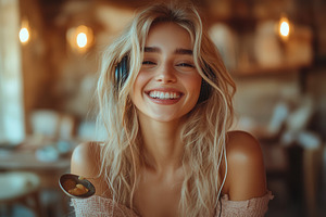 Smiling young woman wearing headphon, a Photo by Tanuart