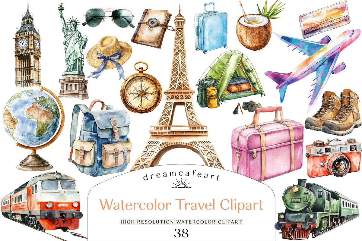 Watercolor Travel Clipart, an Illustration by DreamCafeArt (Photo 1 of 5)