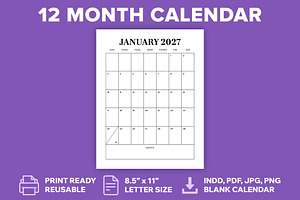 2027 Vertical 8.5x11 Inch Calendar, a Stationery Template by Running With Foxes