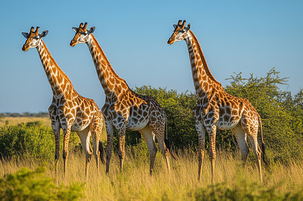Three giraffes standing tall in the, an Animal Photo by Pixeness