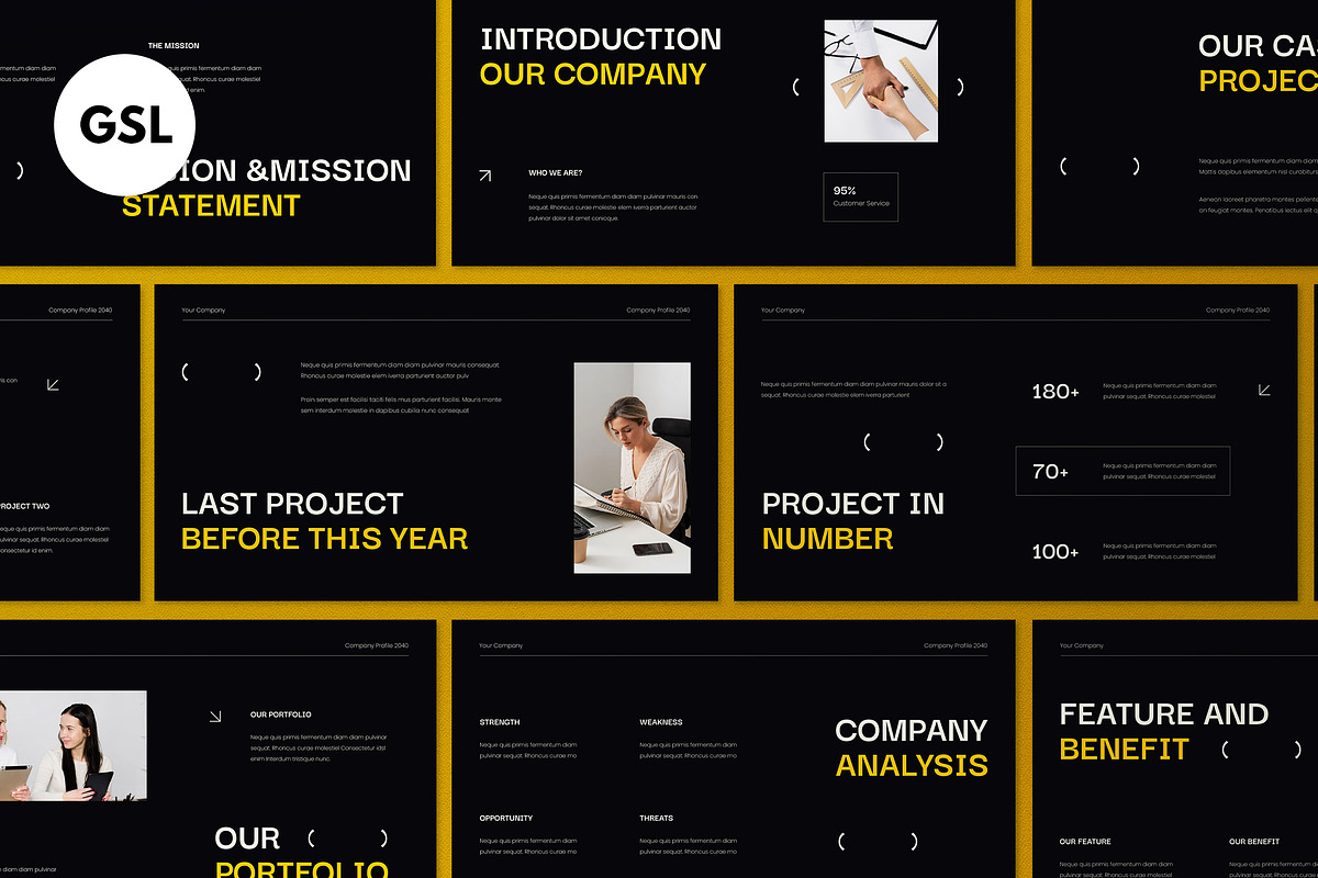 Black Company Profile Google Slide, a Presentation Template by graphicook (Photo 1 of 5)