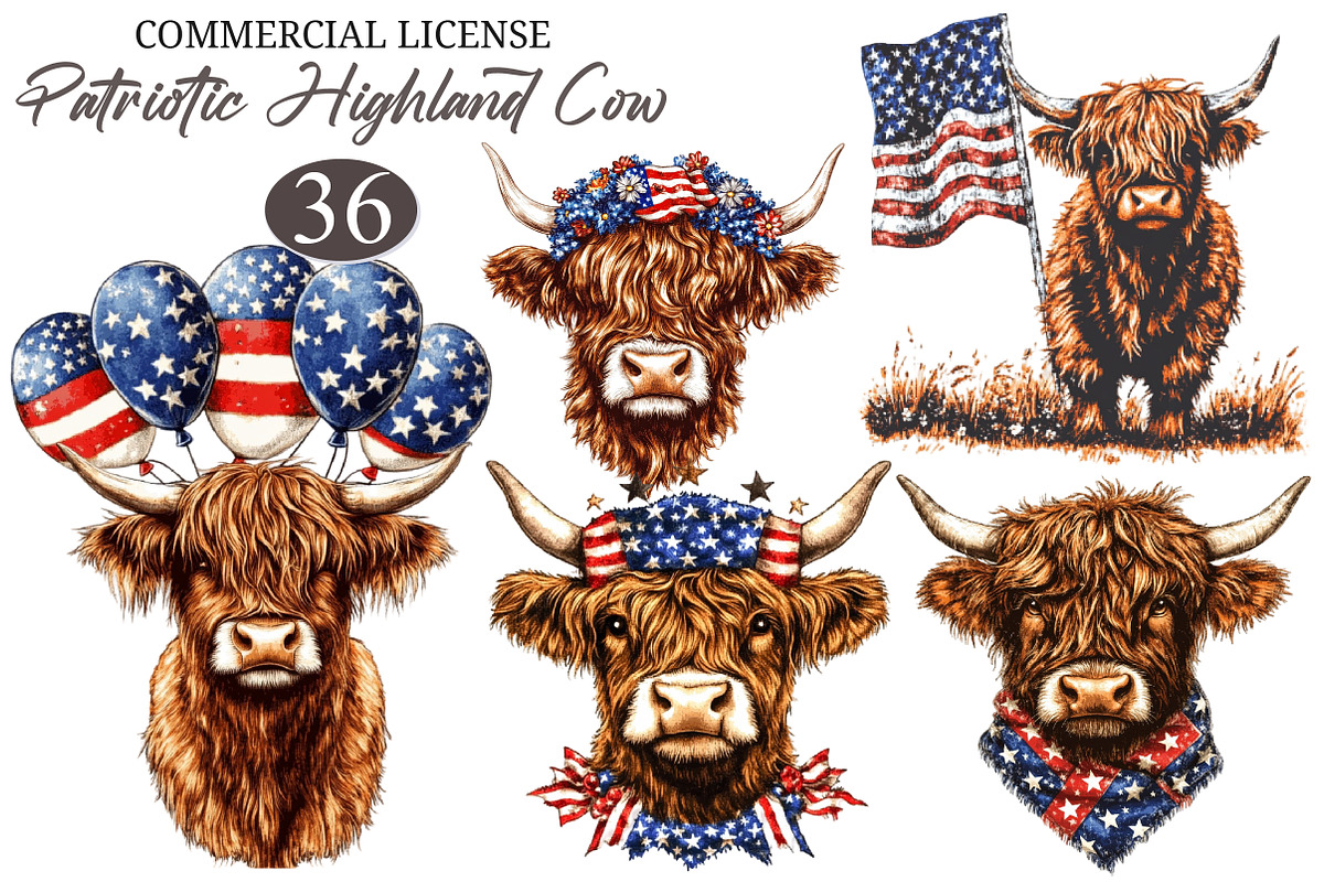 Patriotic Highland Cow Clipart PNG, an Illustration by designcity5 (Photo 1 of 5)