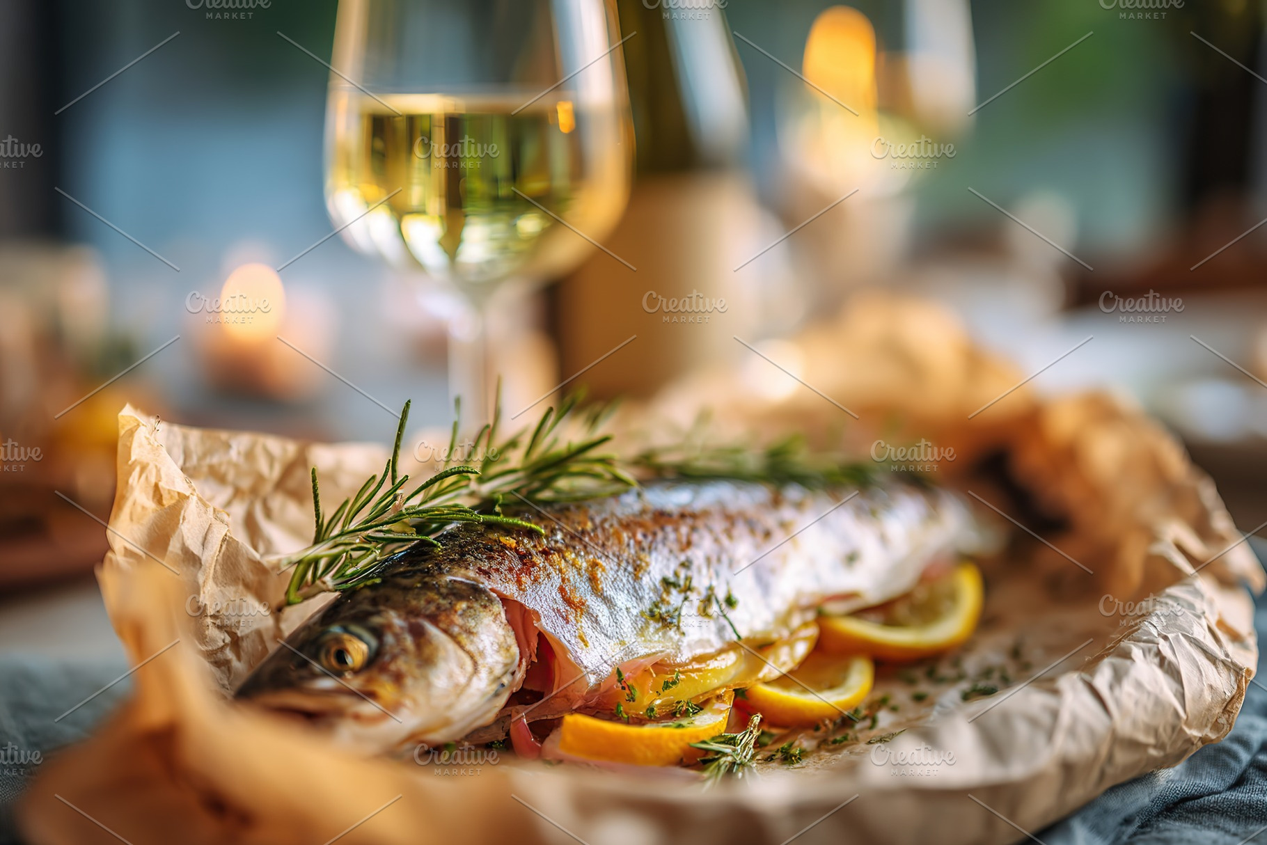 Perfectly baked fish with herbs and citrus served on a rustic table with wine, a Photo by AlyaAnd