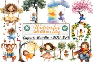 Watercolor Cute Girl on a Swing PNG, an Illustration by DreamCafeArt