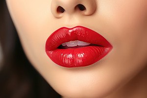 Young woman applying red lipstick on lips, closeup, a Beauty & Fashion Photo by AlyaAnd