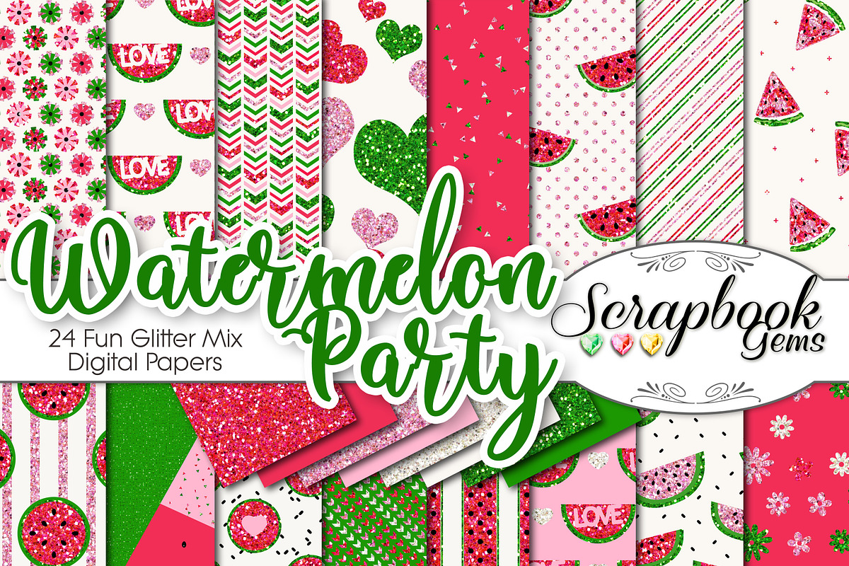 Watermelon Glitter Digital Papers, a Pattern Graphic by Scrapbook Gems