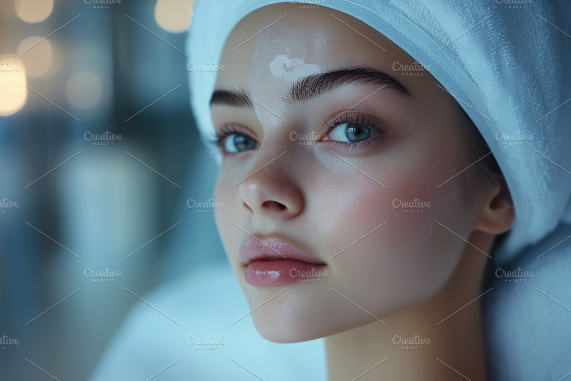 A close-up portrait of a young woman esthetic technologist with a towel wrapped, a Person Photo by Textures & Backgrounds