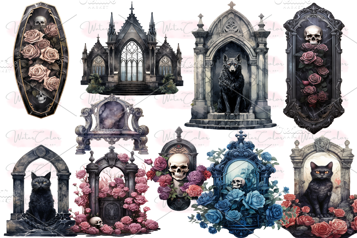 Gothic Tombstones Collection Clipart, an Object Illustration by Watercolor Digital (Photo 6 of 18)