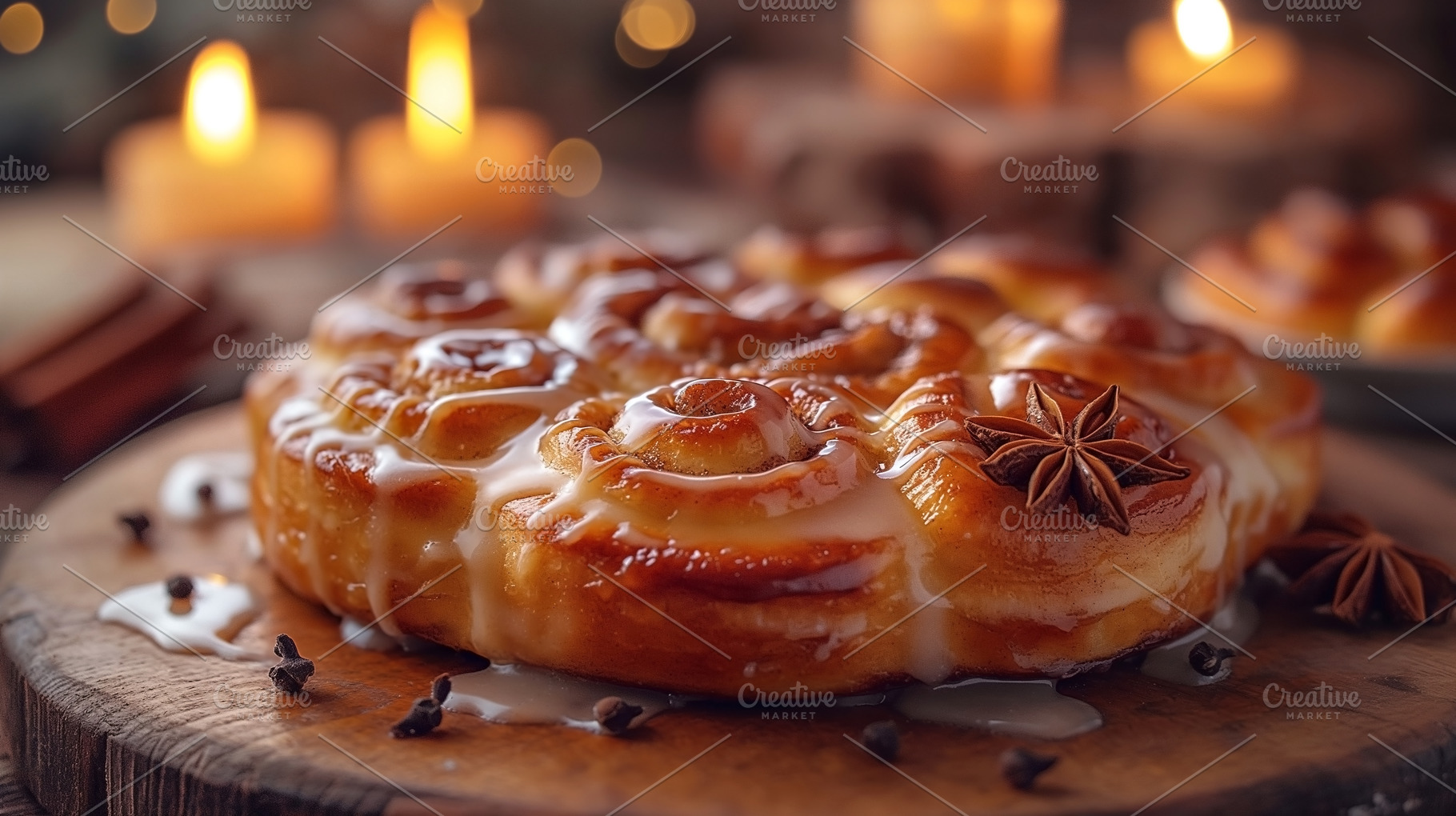 Deliciously glazed cinnamon rolls adorned with star anise, set o, a Food & Drink Photo by ImageMir