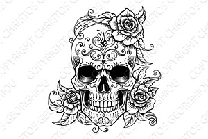 Skull Roses Abstract Pattern Tattoo