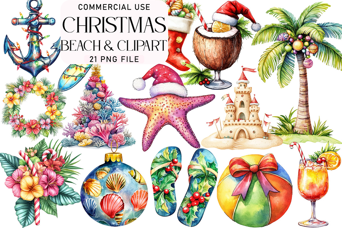 Beach & Christmas Clipart, an Illustration by Daily.Designs (Photo 1 of 3)