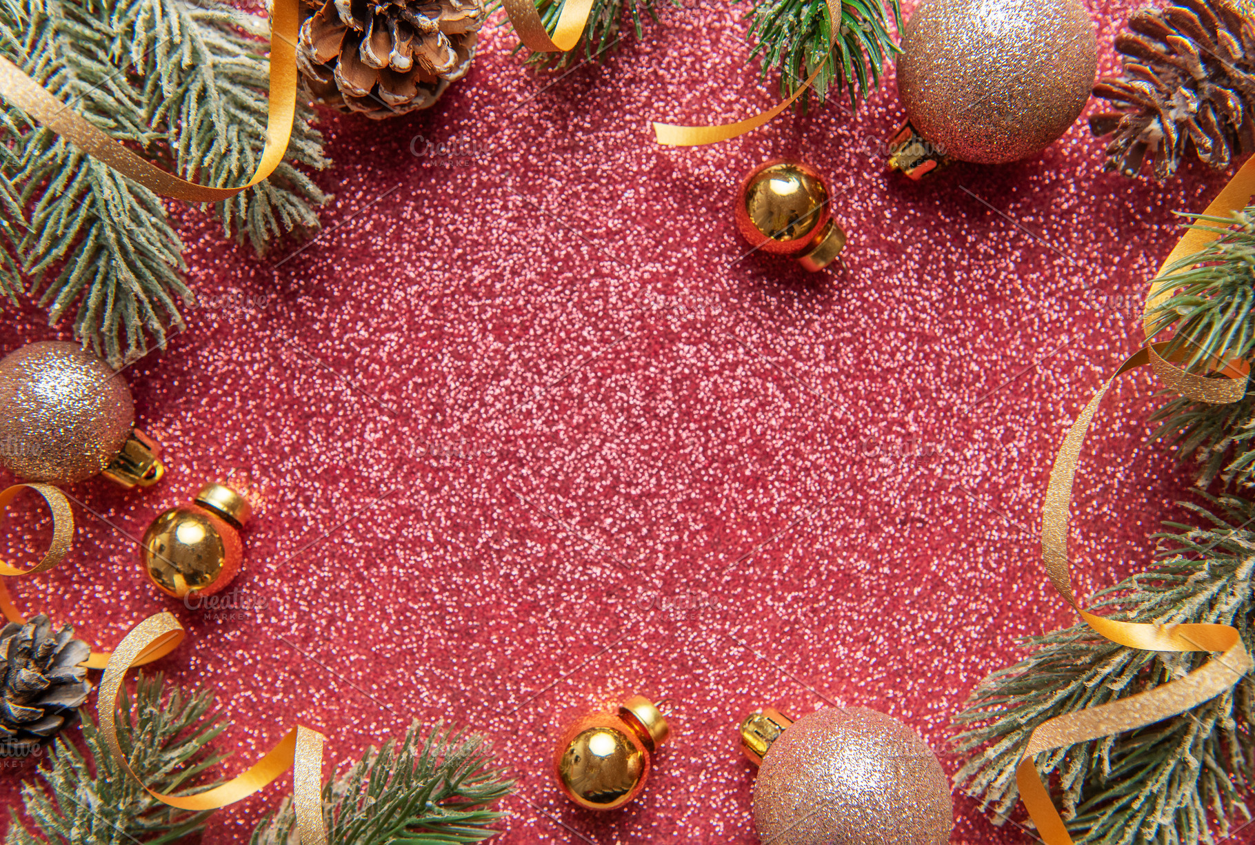 Festive christmas tree branches with baubles on glitter backgrou, a Holiday Photo by Olena Rudo