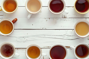 Flat lay of different cups of aromatic tea on white wooden table, a Food & Drink Photo by AlyaAnd