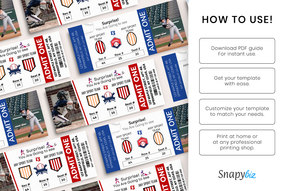 Baseball Ticket Canva Template PDF, a Card Template by Snapybiz (Photo 8 of 10)
