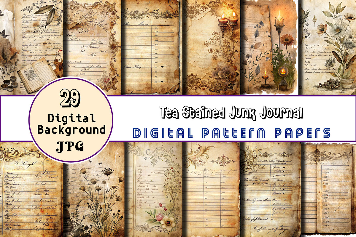 Tea Stained Junk Journal Digital Pap, an Illustration by Wow Magic (Photo 1 of 2)