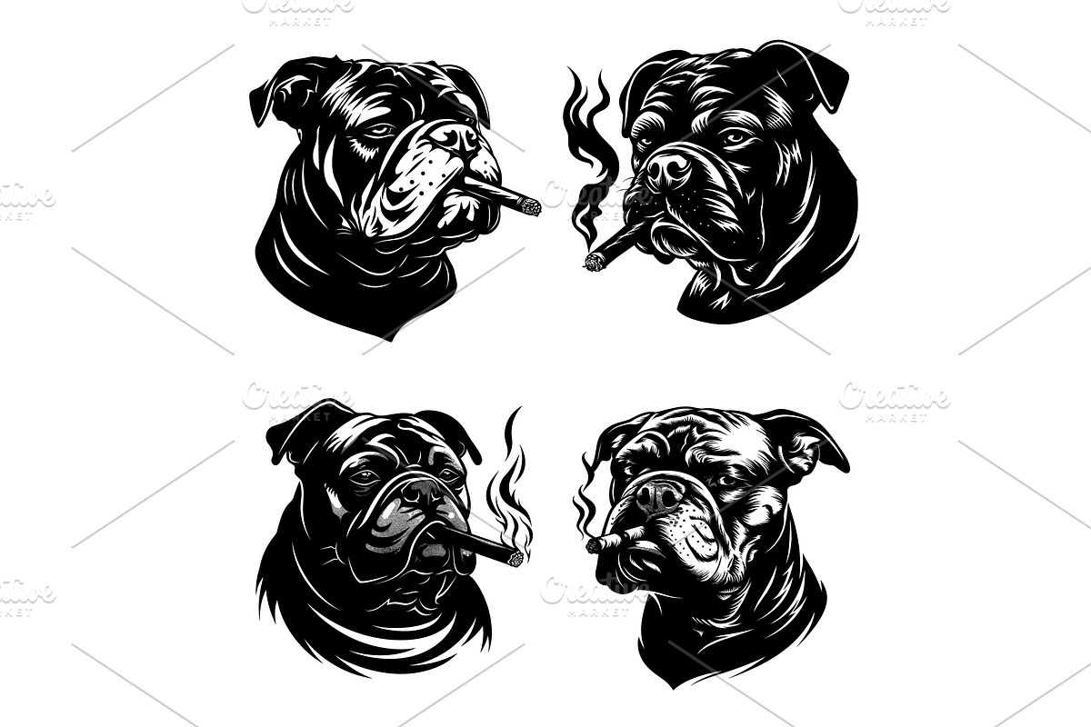 Engraving bulldog heads with cigar, an Animal Illustration by Stock-Smart-Start