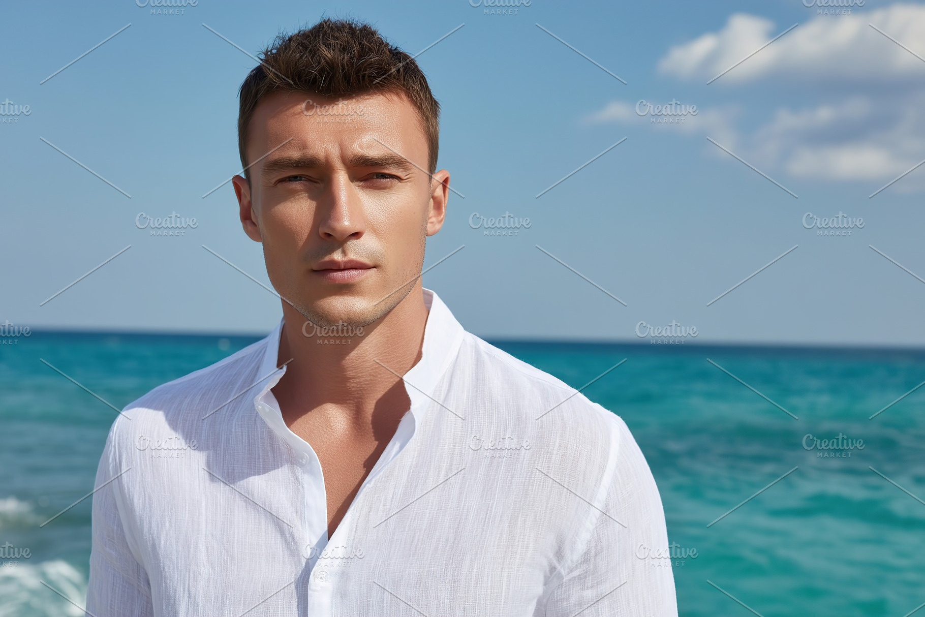 Man in white linen shirt stands by the ocean with a clear blue sky and waves in, a Person Photo by AlyaAnd