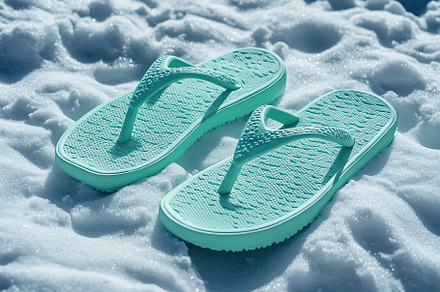 Vibrant mint flip flop resting on soft white sandy beach during bright sunny da, a Beauty & Fashion Photo by AlyaAnd