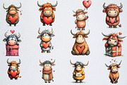 Quirky Valentine Highland Cow Clipar, an Illustration by Watercolor design (Thumbnail 2 of 5)