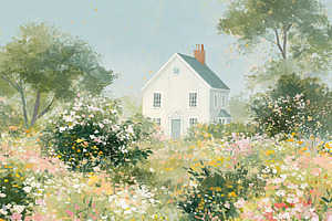 Countryside cottage nestled among wildflowers, a white picket fe, a Decorative Illustration by Studio ANNA