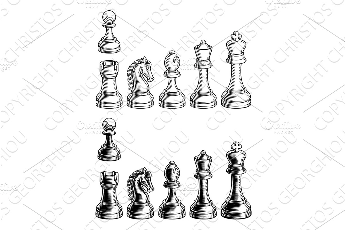 Chess Pieces Woodcut Icon Set, an Illustration by Christos Georghiou