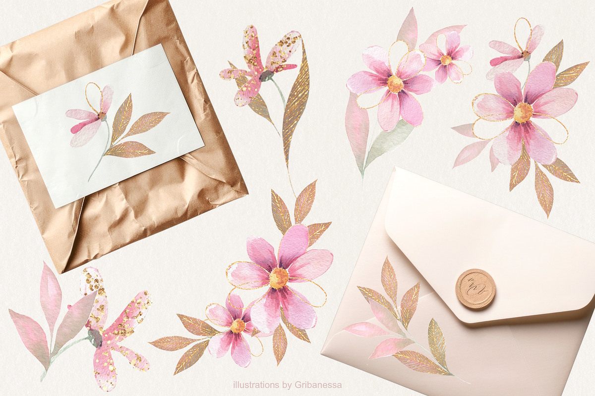 Pink Watercolor Flowers & Gold, a Decorative Illustration by Gribanessa (Photo 10 of 13)