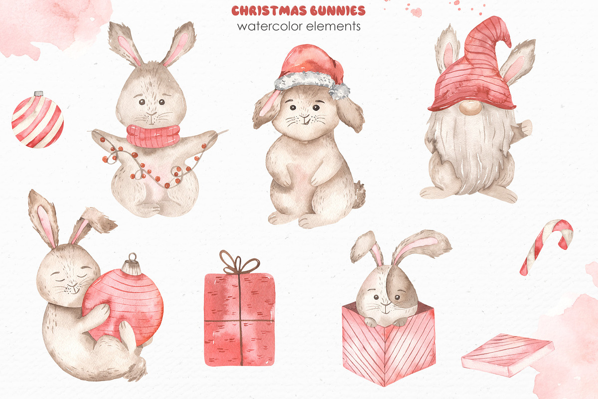 Christmas bunnies watercolor, an Animal Illustration by Marina Ermakova (Photo 2 of 13)
