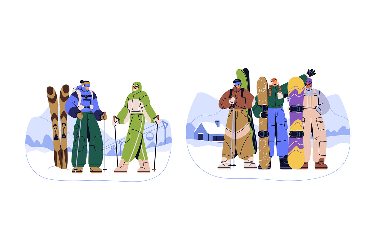 People with ski and snowboard set, a Sport Illustration by Good Studio (Photo 2 of 4)