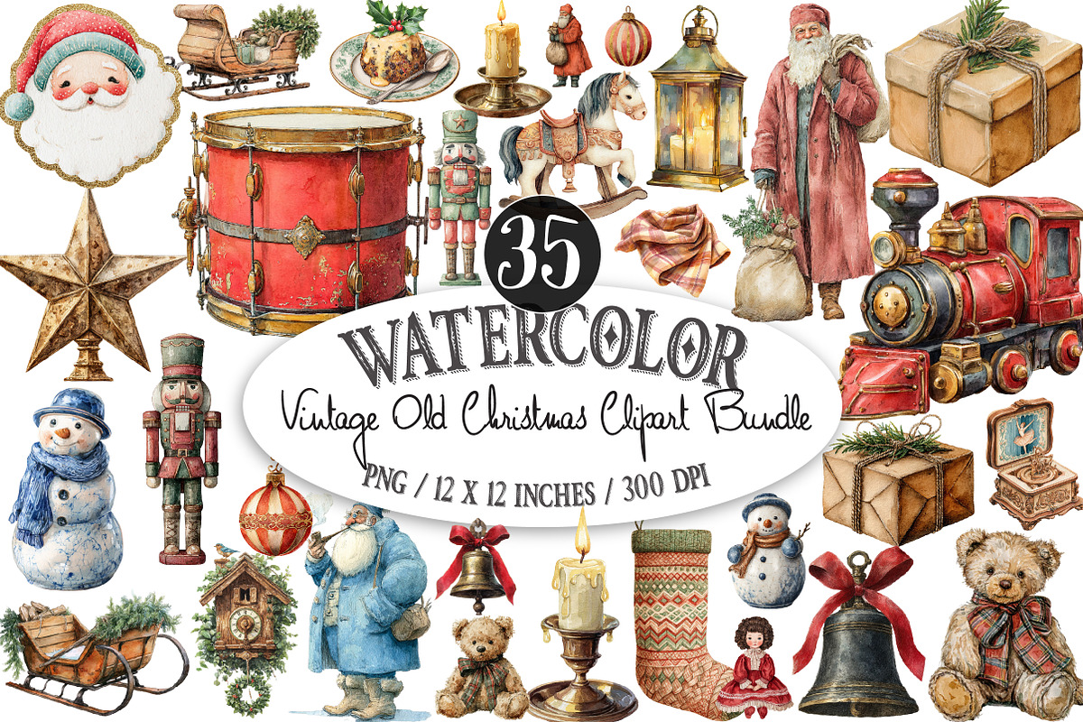Vintage Old Christmas Clipart Bundle, an Illustration by Designking (Photo 1 of 4)