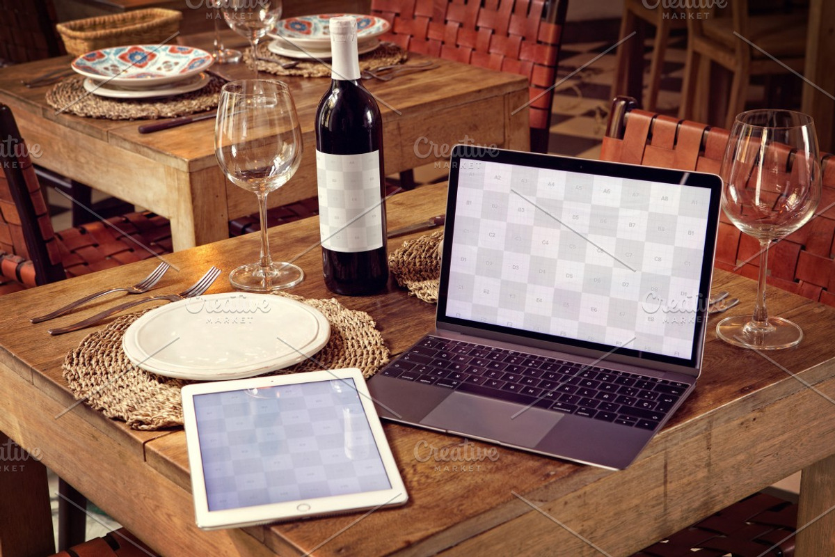 Wine Bottle, iPad Air 2, Macbook, a Books & Magazine Mockup by 4to Pixel (Photo 2 of 2)