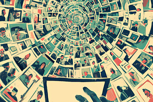 Digital communication concept with hands typing and a vortex of people images, a Photo by AS photostudio