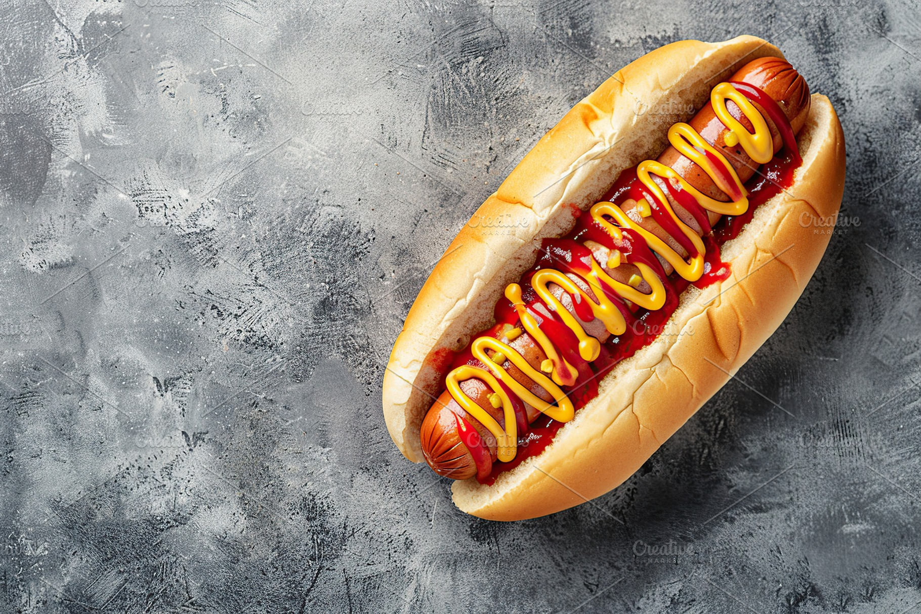 Hot dog with ketchup and mustard on grey background, a Food & Drink Photo by AlyaAnd