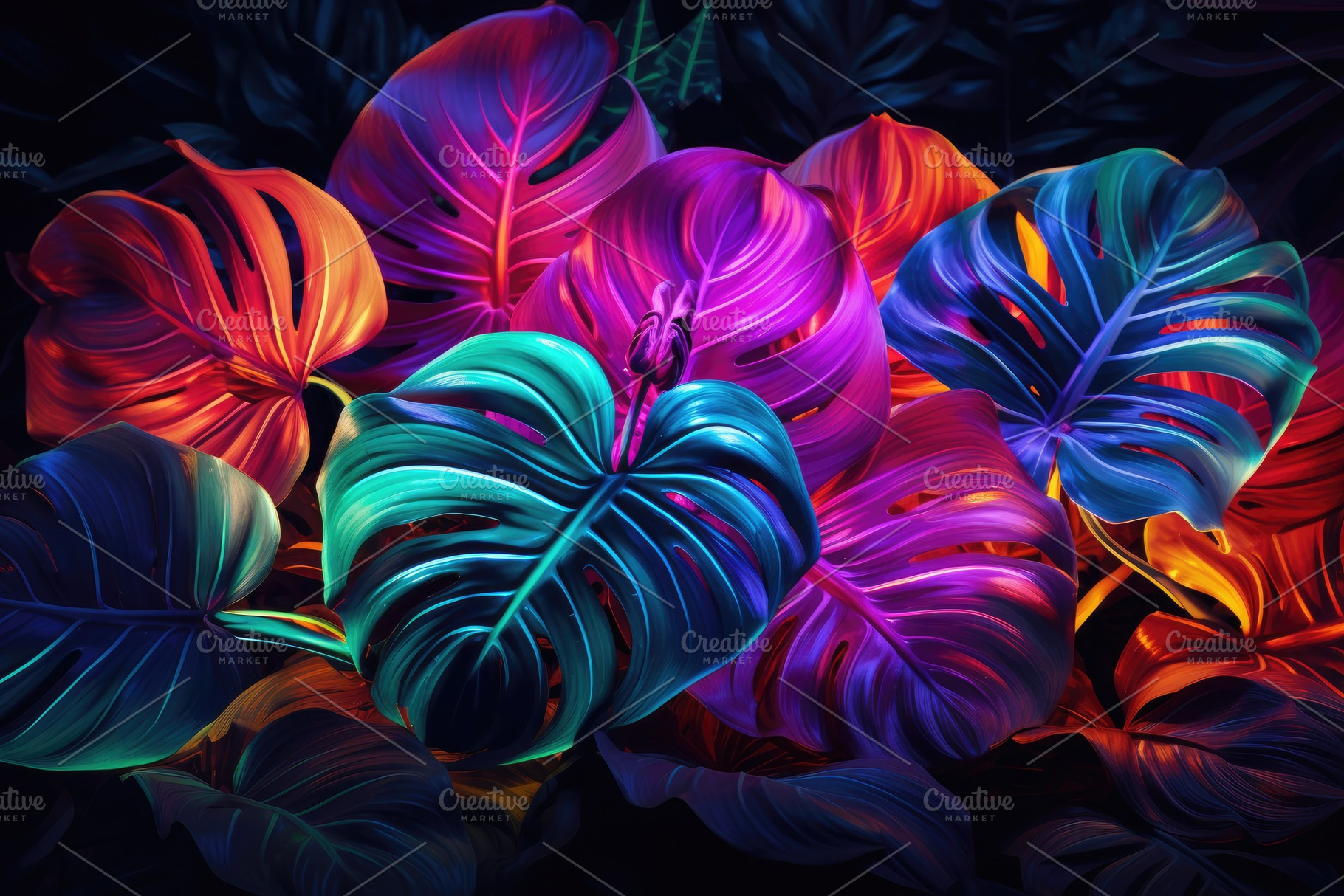 Monstera Deliciosa leaves in neon li, a Photo by Iftikhar Alam