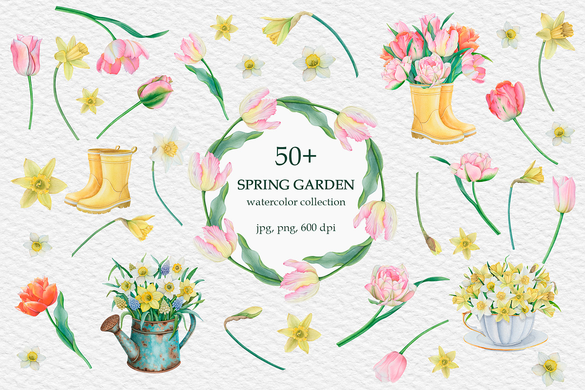 Spring Garden Watercolor Elements, an Object Illustration by SunnJaneArt (Photo 1 of 10)