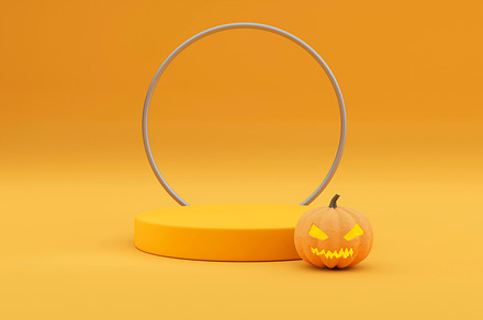 3D pedestal podium on orange background. Pumpkin with frame rim. Halloween Jack, a Holiday Photo by RF Images