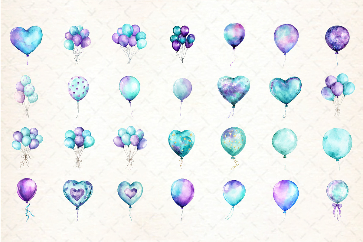Aqua and Purple Balloons Clipart, an Illustration by DreamCafeArt (Photo 2 of 7)