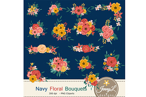 Navy Floral Bouquet Flowers, an Illustration by JennyL Designs