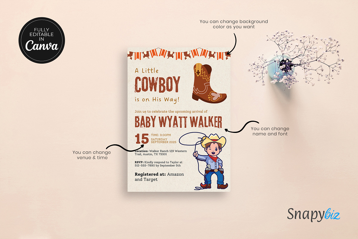 Cowboy Baby Shower Invitation Temp, an Invitation Template by Snapybiz (Photo 9 of 12)